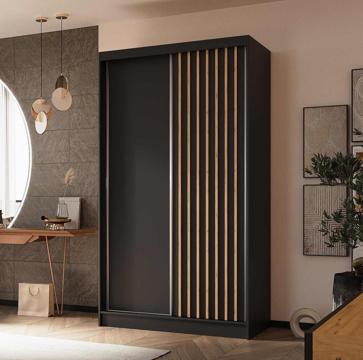 SCHWEBETÜRENSCHRANK Cabinio Schwarz Eiche Artisan 120/216/61 cm – Modern, mit Lamellen - Walnussfarben/Schwarz, Holzwerkstoff/Kunststoff (120/216.1/61cm) - AX Living