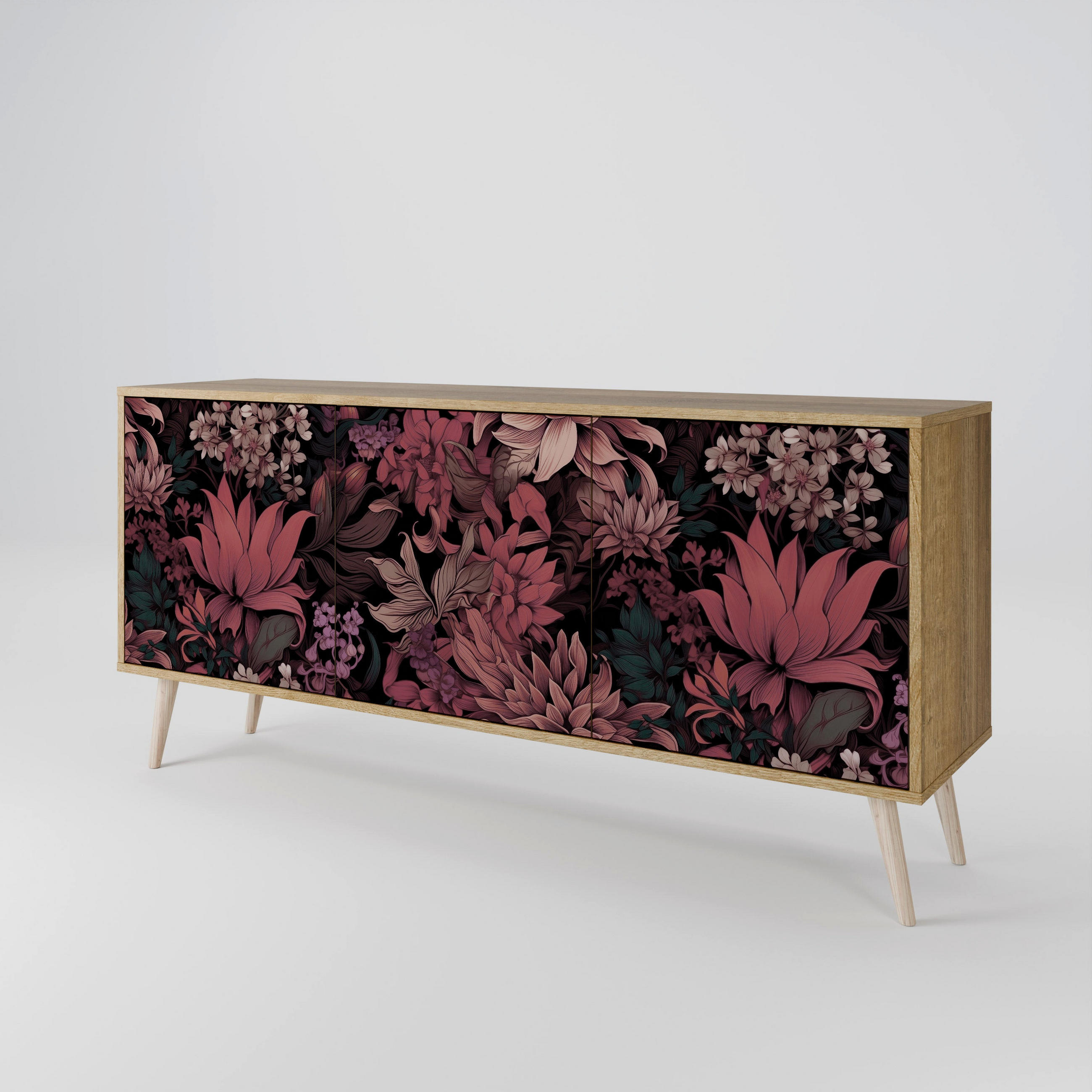 SIDEBOARD FLORAL WHISPER, Eicheneffekt, 164,5x42x77,5 cm, 3 Türen - Eichefarben/Buchefarben, Holzwerkstoff/Buchenholz (164.5/77.5/42cm) - SpaceRebels