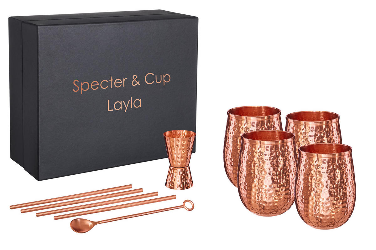 KUPFERBECHER, Cocktailbecher LAYLA 4er Set Moscow Mule 470ml + Zubehör - Kupferfarben, Paraffin (8/11/11cm) - Specter & Cup