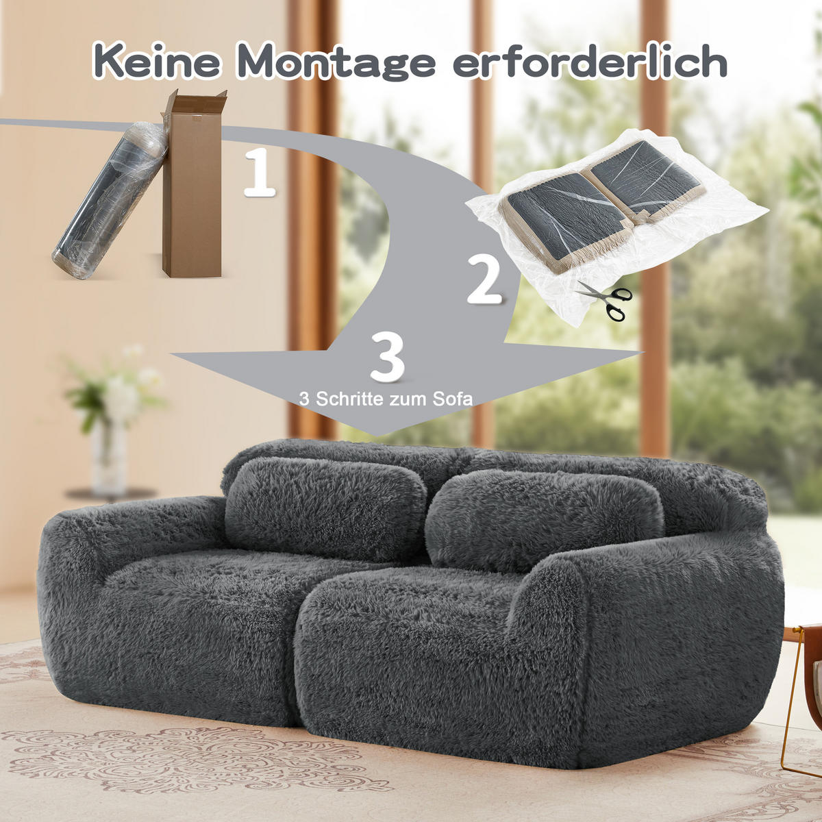 2-SITZER SOFA plüschstoff grau mit rahmenlosem design & rutschfester basis - Grau, Textil (204/73/104cm) - Urban Meuble