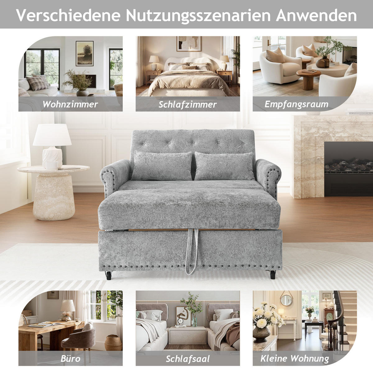 SCHLAFSOFA Grau mit Ausziehbett und 3-fach verstellbarer Rückenlehne, Chenille - Schwarz/Grau, Holzwerkstoff/Kunststoff (120/82/170cm) - CHICFURN