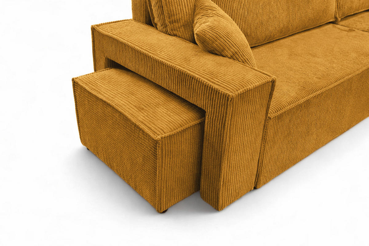 ECKSOFA Mit Schlaffunktion Und Pouf, Cordstoff Poso, Senffarbe, Rechts, Best L Mit Pouf - Gelb, Holz (244/145cm) - Kaiser Möbel