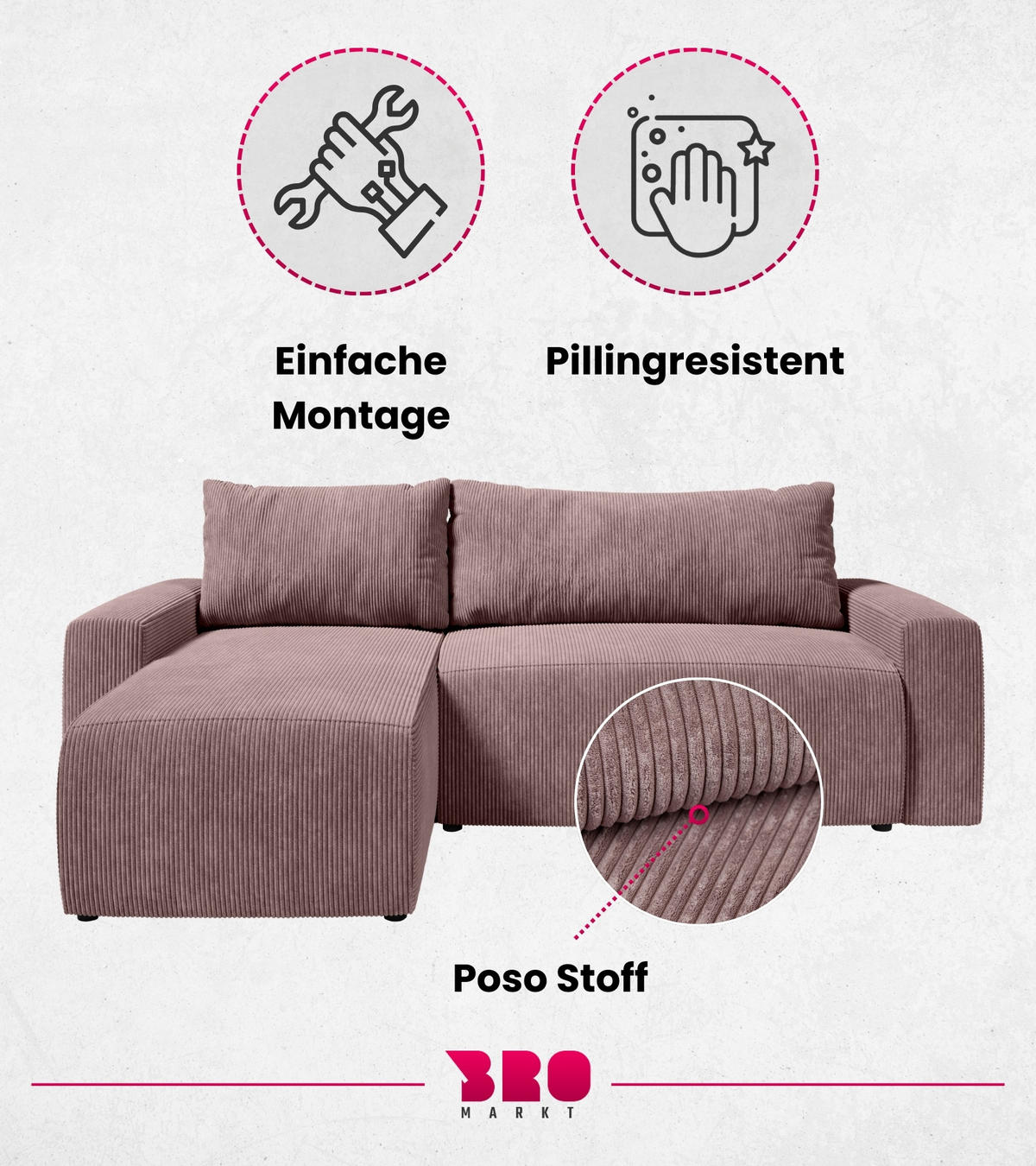 ECKSOFA PLUSH mit Schlaffunktion Rosa Cord - Rosa, Textil (240/145cm) - Bromarkt