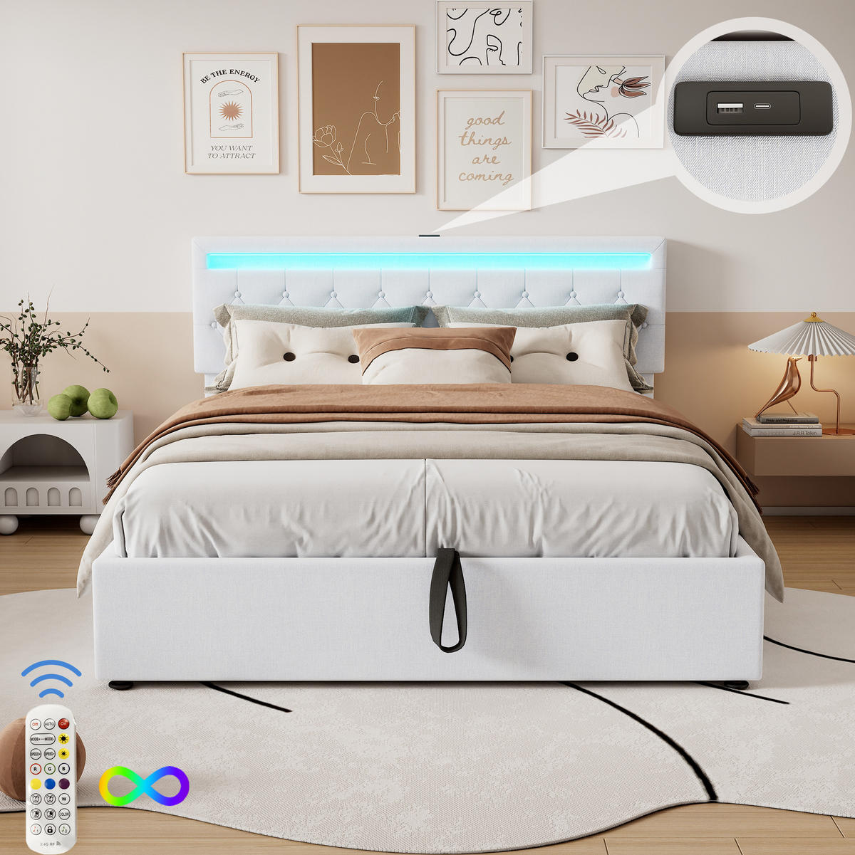 POLSTERBETT 160/200 cm mit Bettkasten, LED-Beleuchtung und USB-C in Weiß - Weiß, Textil (160/200cm) - BEAOK