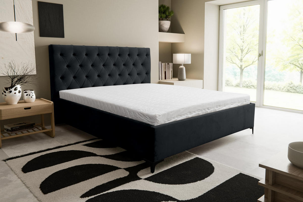 POLSTERBETT CHESTERFIELD mit Bettkasten Velour Stoff 180 x 200 cm - Schwarz, Holzwerkstoff (180/200cm) - VENASI MÖBEL