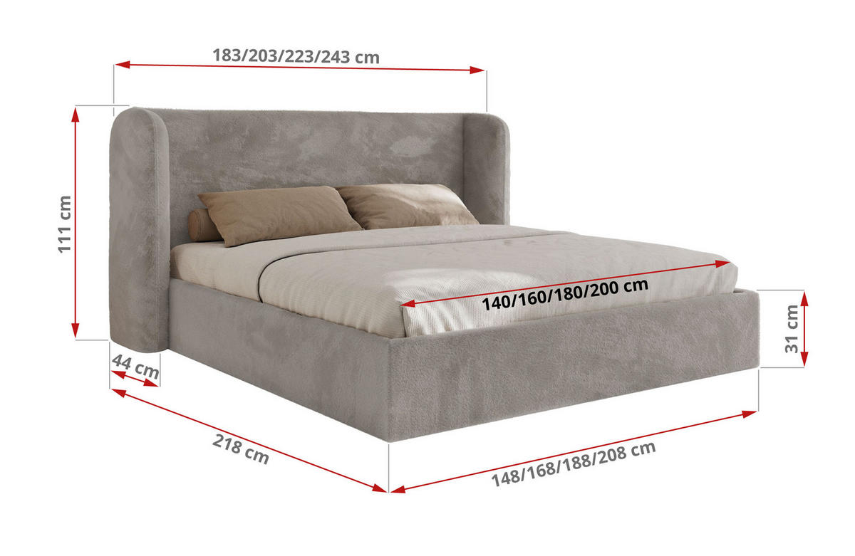 POLSTERBETT EMORA CLASSIC 140/200 - Hellgrau Plüsch - Multipocket-Matratze - Hellgrau, Textil (140/200cm) - MKS