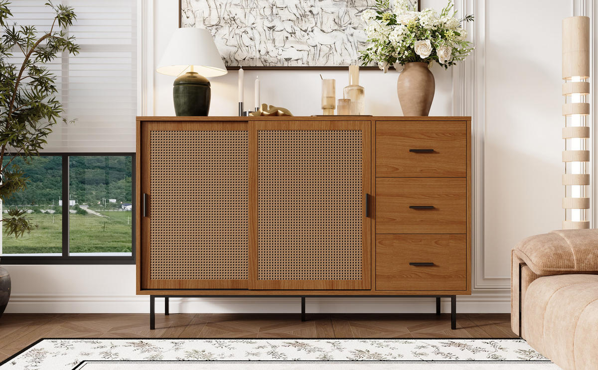 SIDEBOARD mit 2 Schiebetüren aus Rattan und 3 Schubladen, Natur, Spanplatte, 140/37/91 cm, Natur - Naturfarben, Holzwerkstoff (140/91/37cm) - Redom