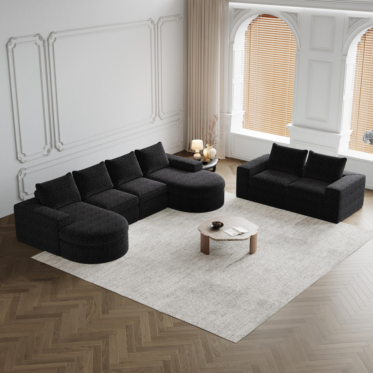 ECKSOFA 322,5/271,7/81,2 cm modular schwarz aus Chenille mit wechselbarer Chaiselongue - Schwarz, Textil (322.5/271.7cm) - OKWISH