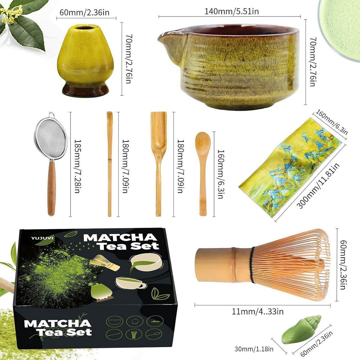 MATCHA Tee Set 9-teiliges Set mit Schale und Besen - Grün, Keramik (14/7/18.5cm)