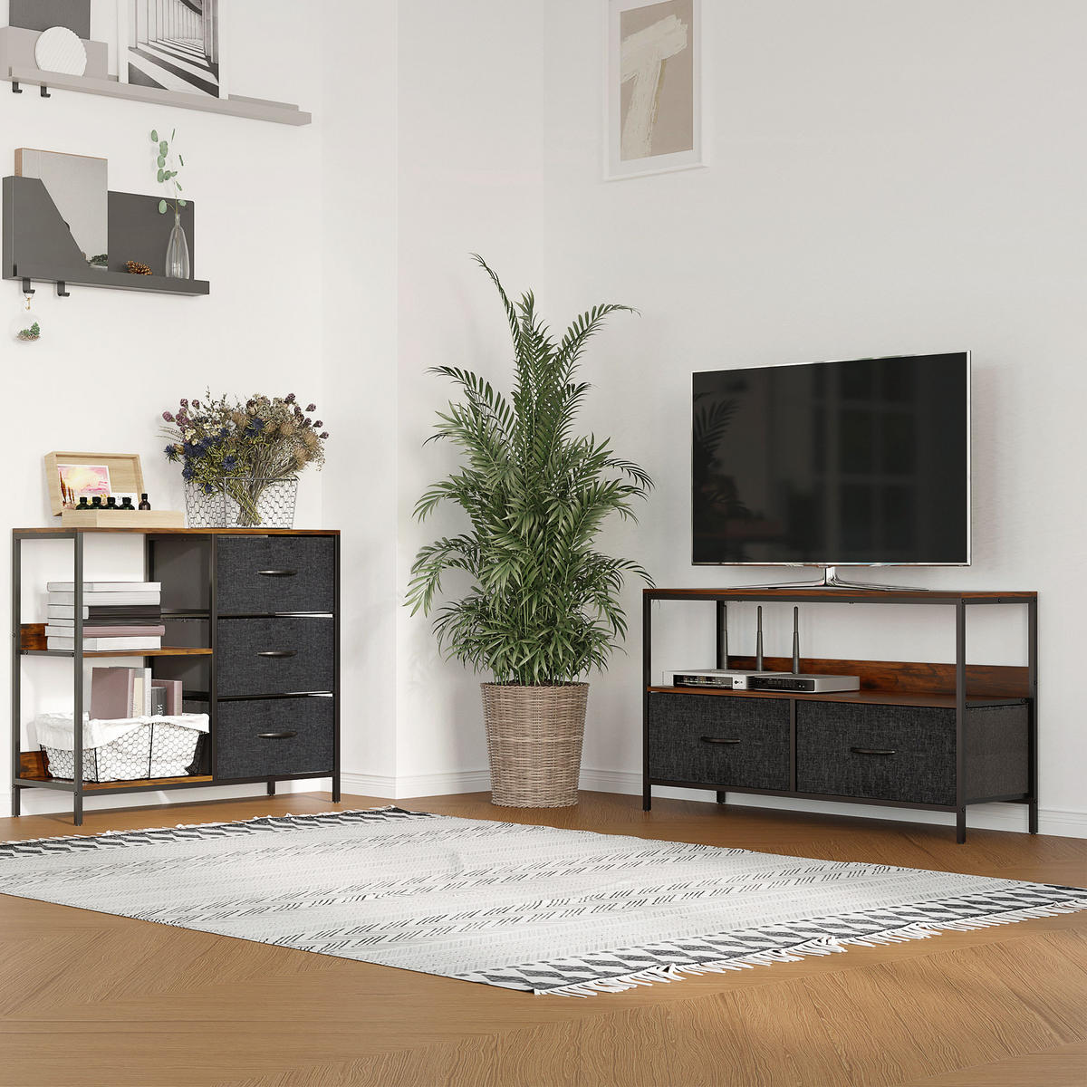 KOMMODE mit 3 Stoff-Schubladen, 2 offenen Regal, Braun - Multicolor, Textil (80/71/29cm) - HOMCOM