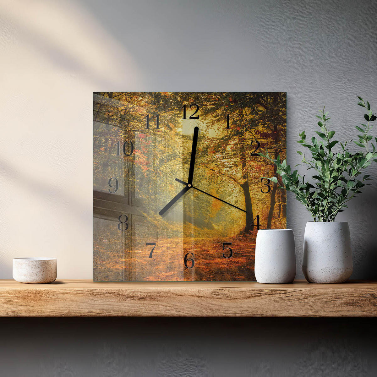 WANDUHR 30x30 cm - Herbst im Wald - Orange, Glas (30/30/0.4cm) - TULUP