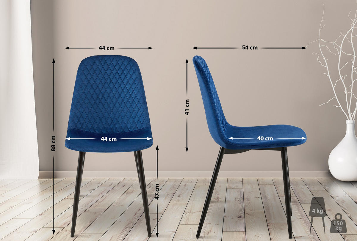 STUHL 4er Set Samt Blau - Blau/Schwarz, Textil/Metall (44/88/54cm) - CLP
