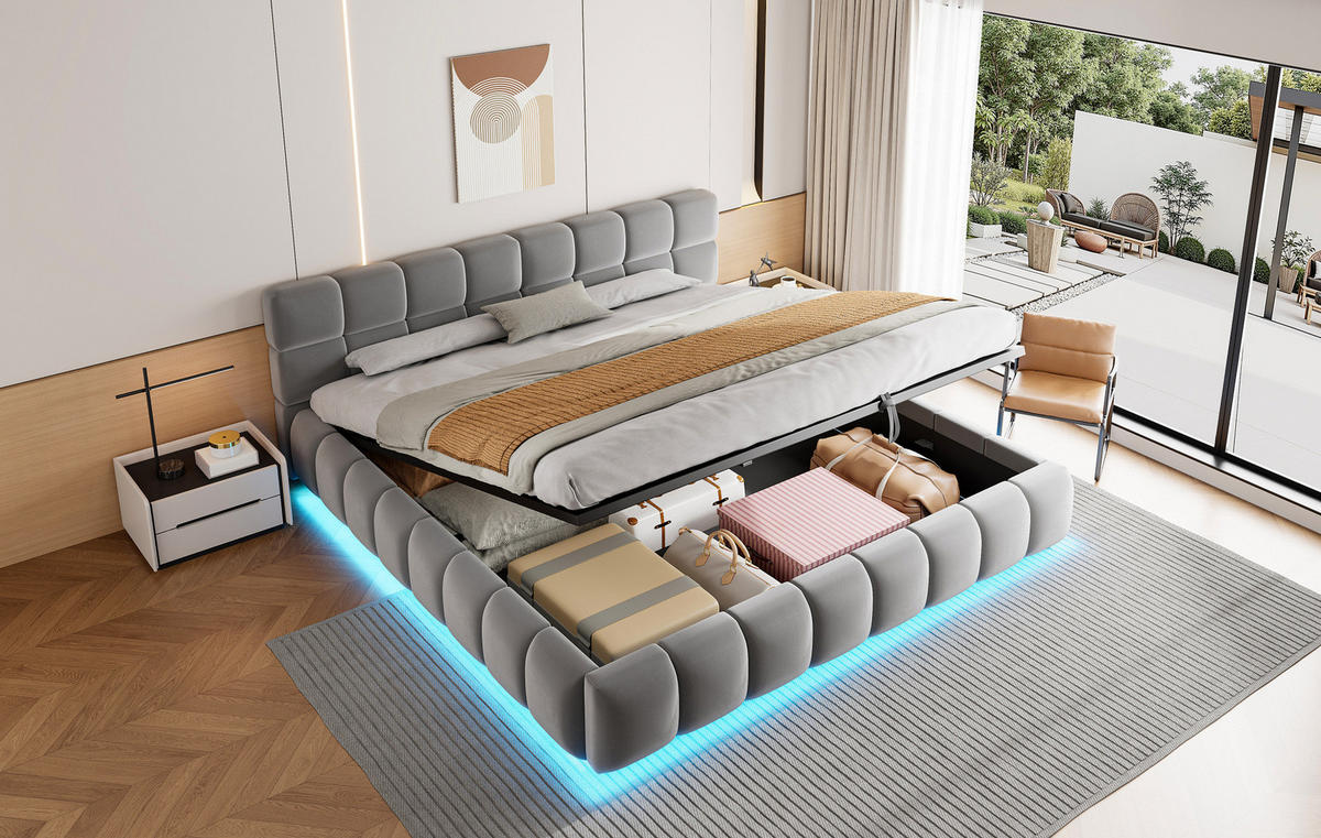 POLSTERBETT 180/200 cm aus Samt mit LED-Streifen, Grau - Grau, Textil (180/200cm) - OKMYHOME