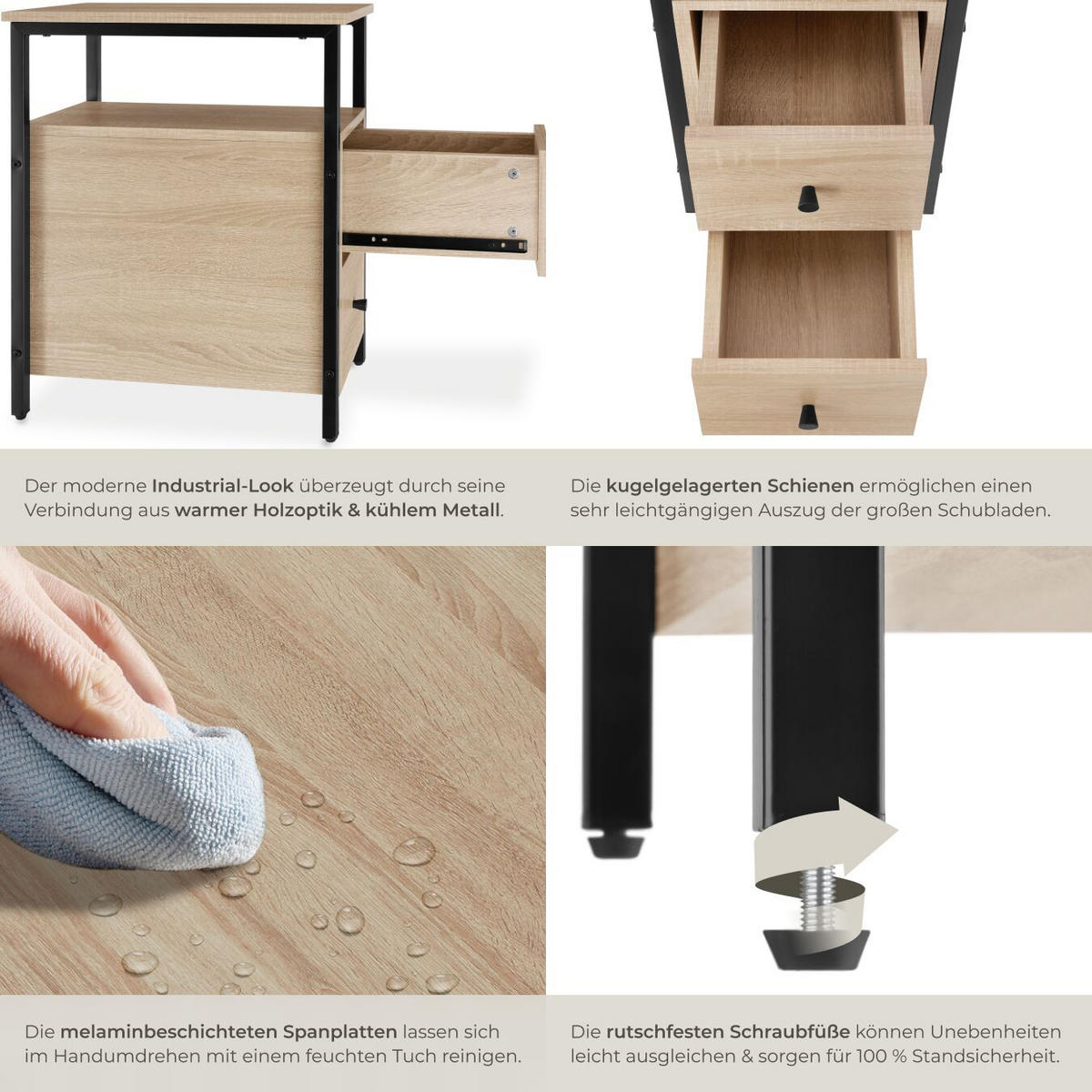 NACHTSCHRANK Tullamore, 30 x 49,5 x 61,5 cm, Industrial Holz hell, Eiche Sonoma - Naturfarben, Holzwerkstoff (30/61.5/49.5cm) - tectake