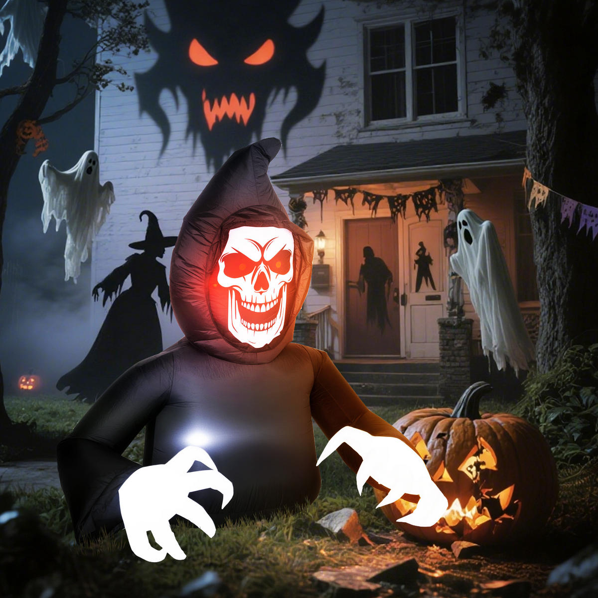 AUFBLASBARER Sensenmann, Halloween-Dekoration mit LED-Lichtern, für Outdoor - Schwarz, Textil (115/180/190cm) - Outsunny