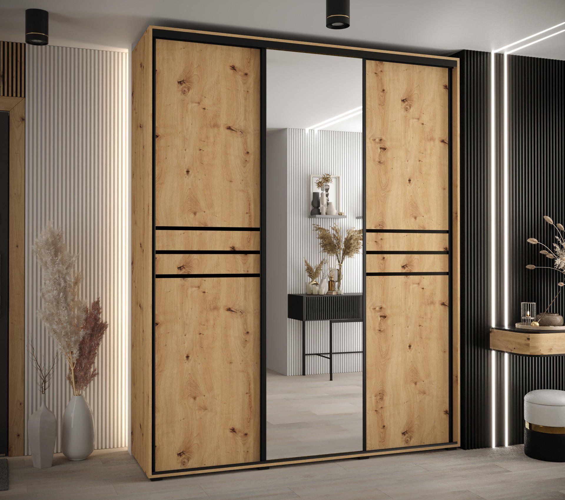 SCHWEBETÜRENSCHRANK 235,2/200/45 3-türig - Schwarz/Eiche Artisan, Holz/Metall (200/235/45cm) - Abiks Möbel
