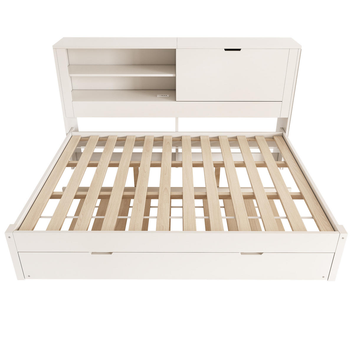 POLSTERBETT 140/190 cm mit Ausziehbett 90/190 cm, USB-Ladestation und Stauraum-Rückwand, Weiß - Weiß, Textil (140/190cm) - Redom