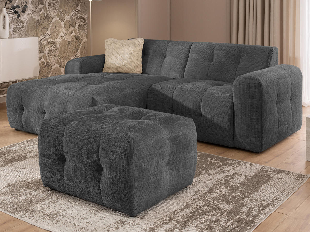 ECKSOFA inkl. Hocker Kozy im Bumpy-Design mit Schlaffunktion und fester Rückenlehne aus weichem Grau Chenille-Stoff - Ottomane links - Schwarz/Grau, Holz/Kunststoff (161/234cm) - S-Style Möbel