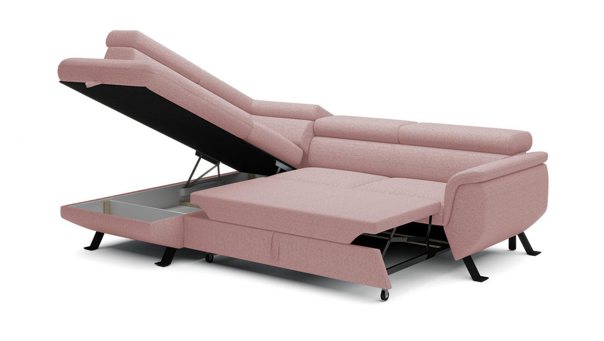 ECKSOFA RAVEN L mit Schlaffunktion und Bettkasten, Freistehend, Polstersofa mit Verstellbaren Kopfstützen, 257x198x96 cm, Linke, Puderrosa - Rosa, Holz/Textil (198/256cm) - DomoHome