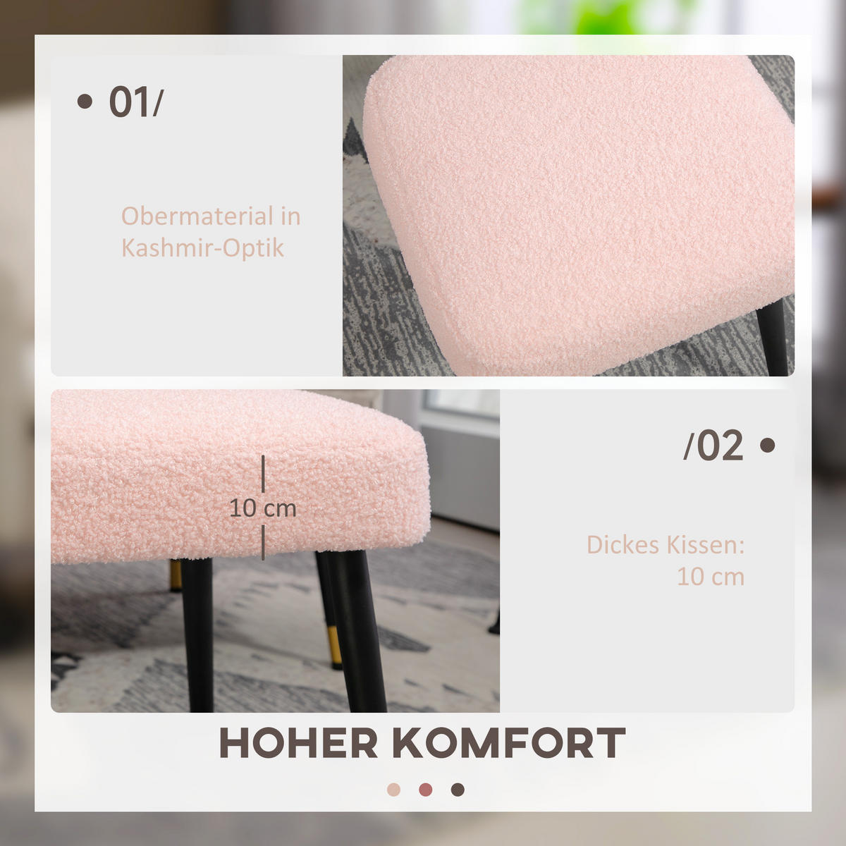 FUSSHOCKER Sitzhocker Quadratischer Schminkhocker mit Kaschmir-Optik, Stahlbeine - Rosa, Kunststoff (42/44/42cm) - HOMCOM