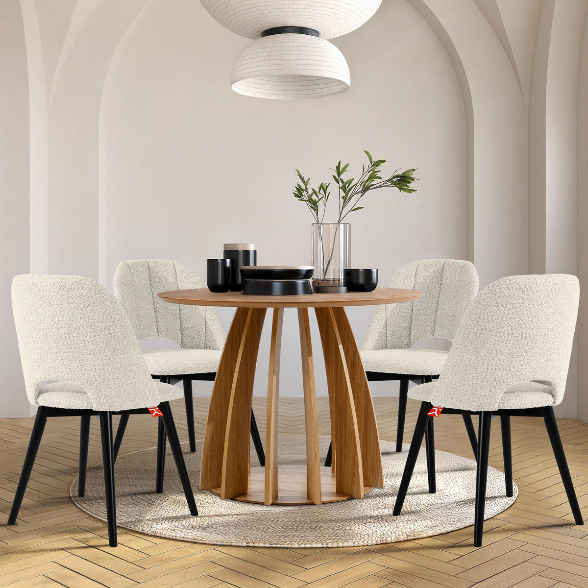 POLSTERSTUHL TINO Wohnzimmerstühl, 2-er Set, Bouclé - Schwarz/Weiß, Holz/Textil (48/86/44cm) - KONSIMO®