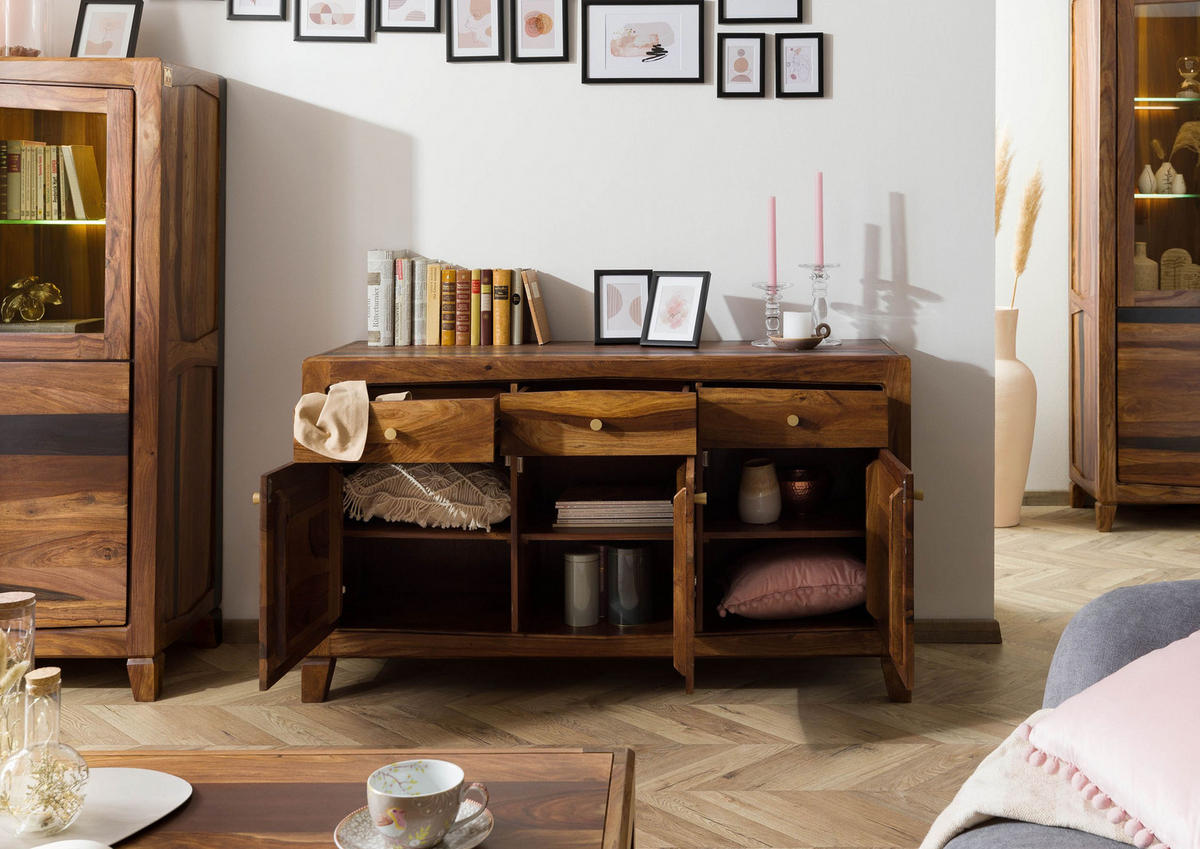 SIDEBOARD Sheesham 140x45x80 dunkelbraun lackiert ANCONA #222 - Dunkelbraun, Holz (140/80/45cm) - Massivmoebel24