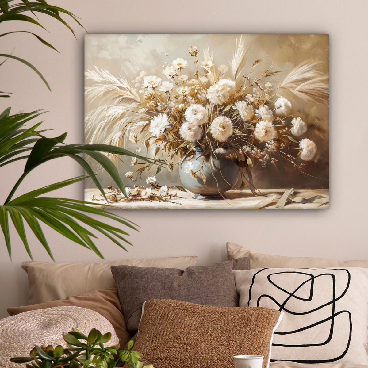 LEINWANDBILD Blumen - Vase - Stilleben - Beige Wandbilder 80x60 cm - Creme, Textil (80/60cm) - MuchoWow