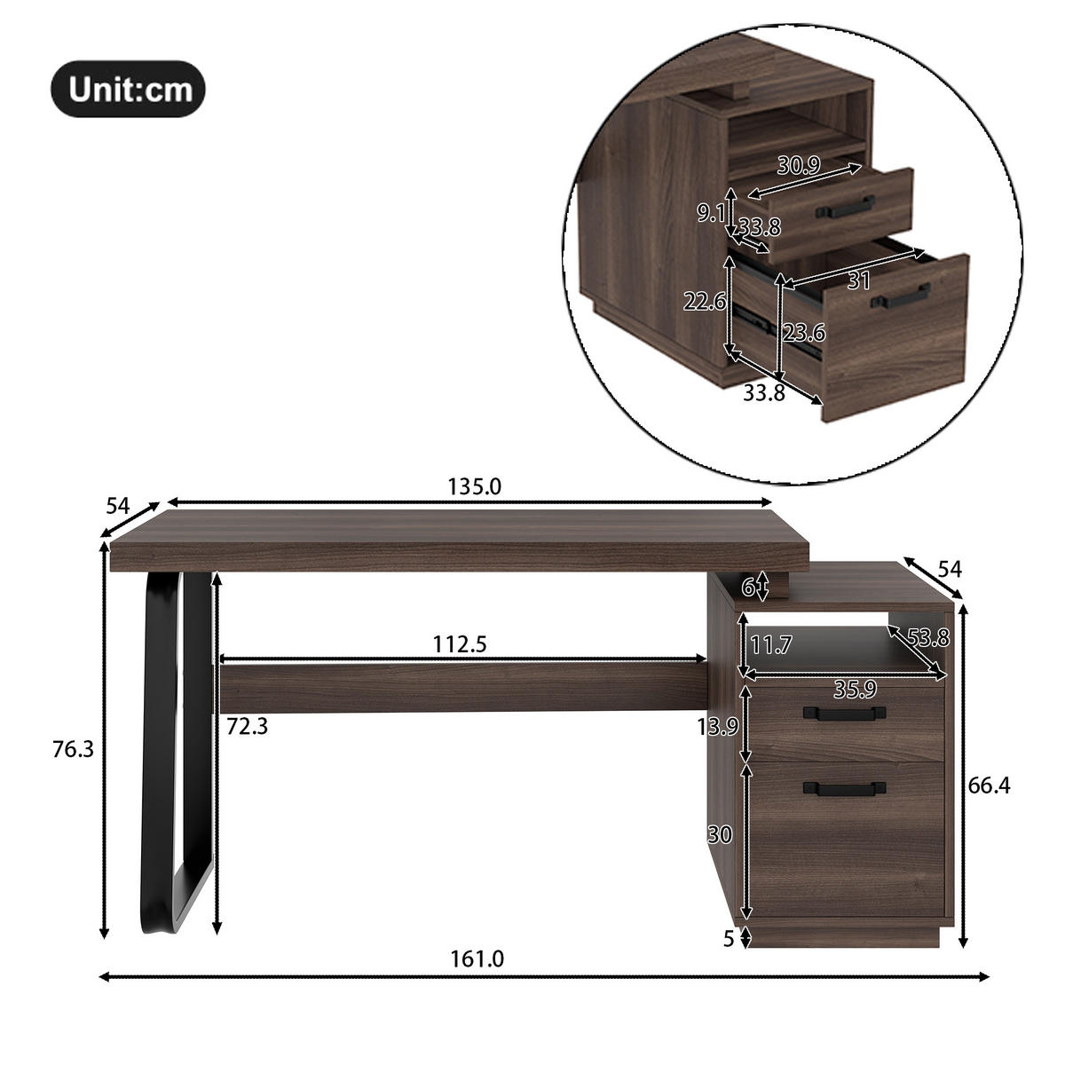 BÜROSCHREIBTISCH braun, Stahl, 3 Schubladen - Walnussfarben, Holzwerkstoff (54/161/76.4cm) - Urban Meuble