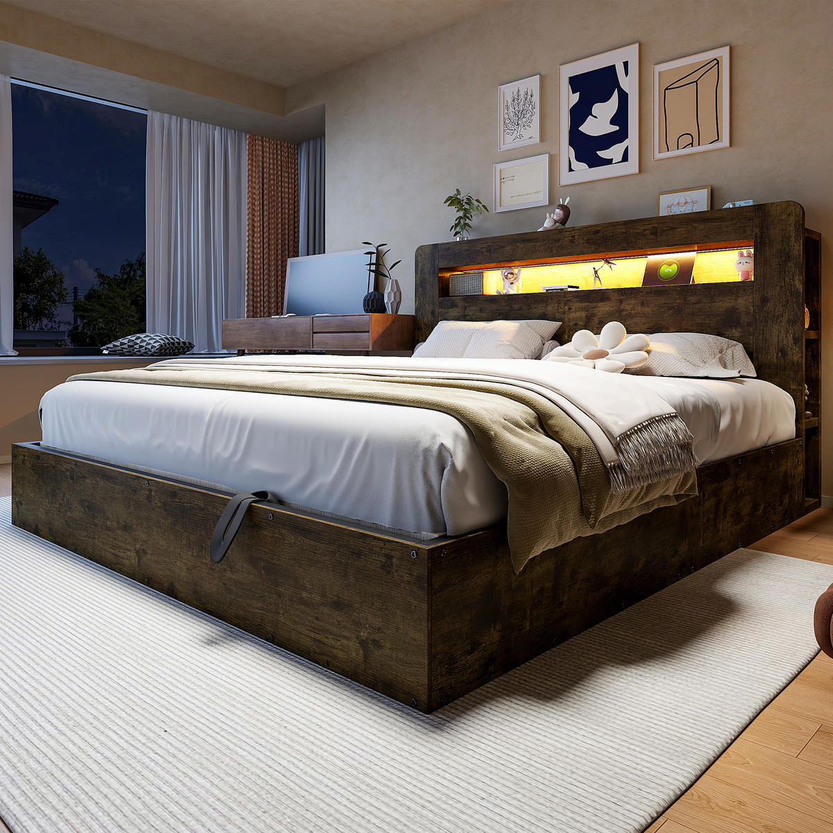 POSTEL 180x200 Dřevo LED Čelo Úložný Prostor Zásuvka - přírodní, dřevo (180/200cm) - FLIEKS