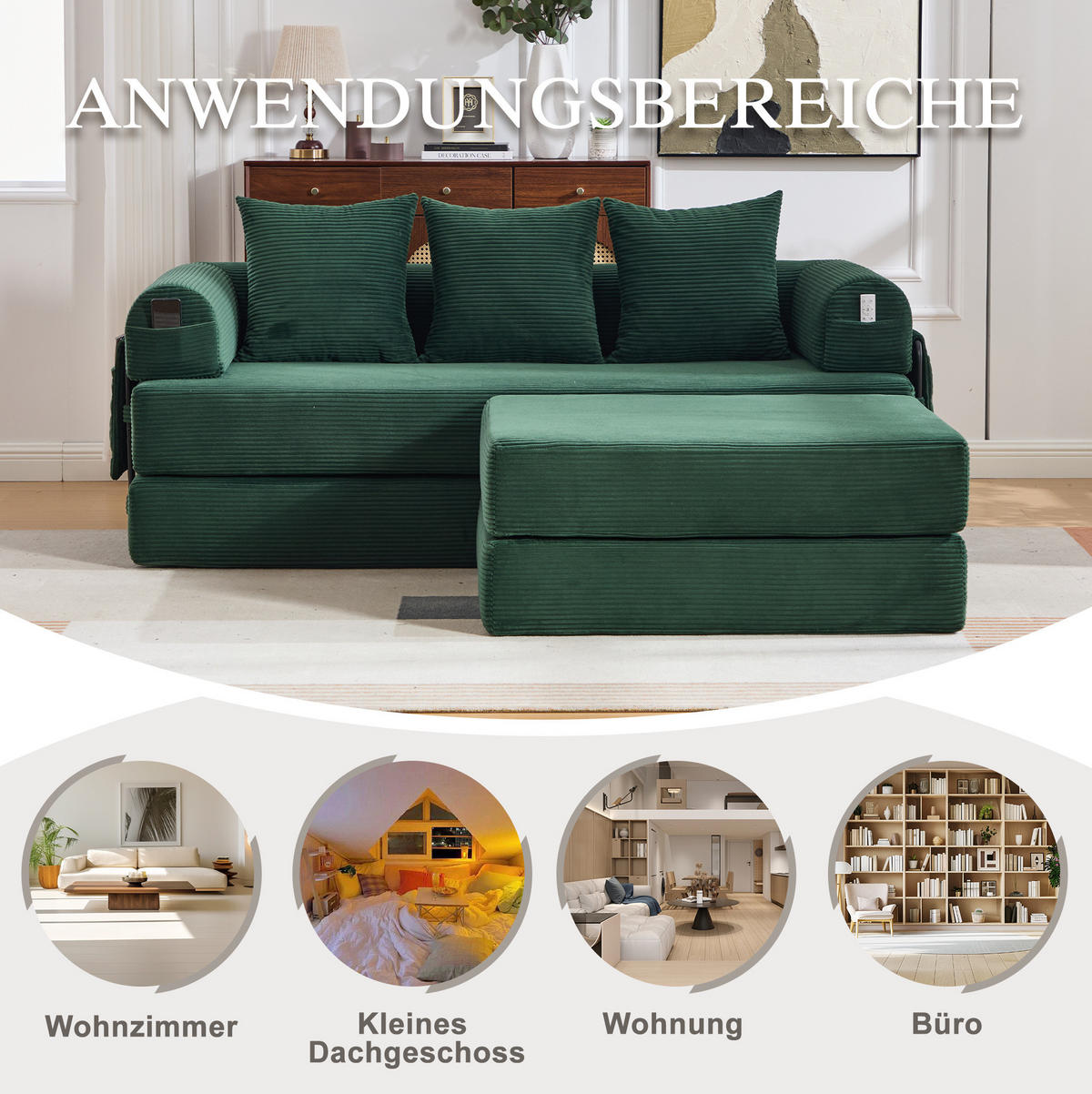 MODULARES Sofa 200/190/67 cm aus Cord mit Hocker und Seitentasche Smaragdgrün - Smaragdgrün, Textil (190/67/200cm) - Modenvie