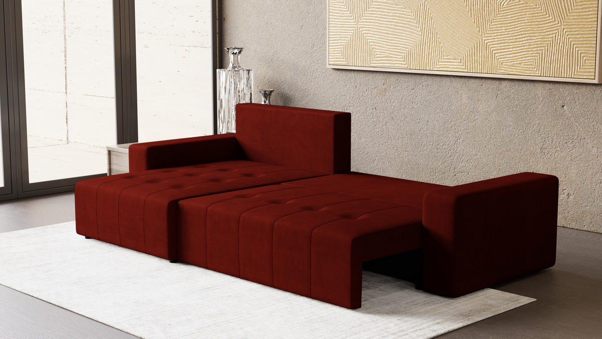 ECKSOFA Tico mit Bettkasten und Schlaffunktion, L-Form/XL-Form, Velourstoff, Universal - Weinrot, Holzwerkstoff (276/145cm) - 4ALL HOME