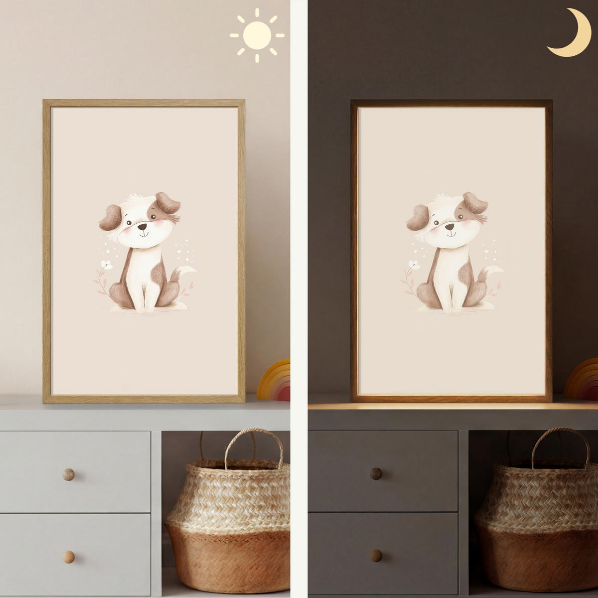 NÁSTĚNNÁ LAMPA S AKUMULÁTOREM Pes - skvrnitý - hnědý 40x60 cm - béžová, kompozitní dřevo (40/60/8cm) - OnlyWow
