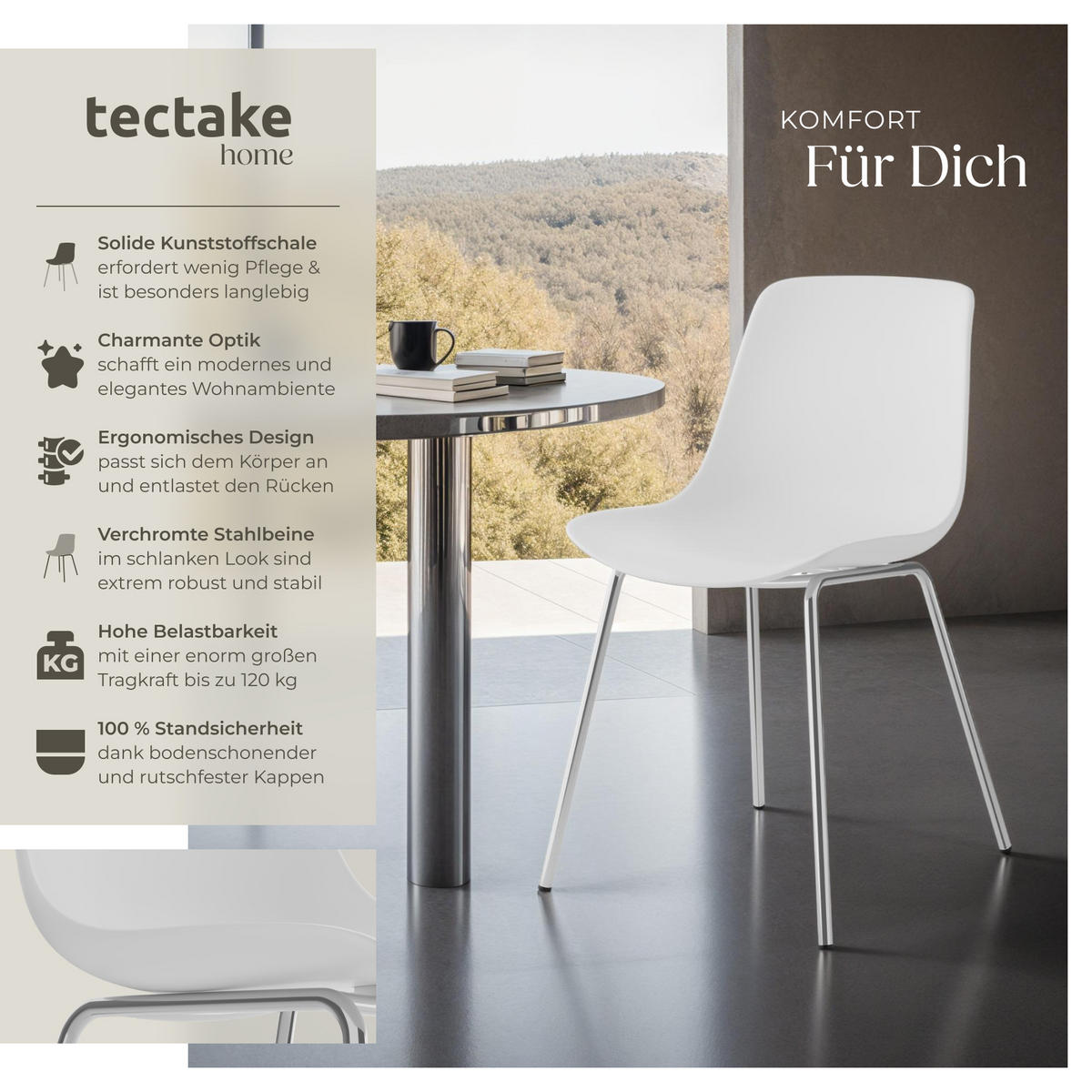 KUNSTSTOFFSTUHL 4er Set Mave 46 x 55 x 80 5 cm weiß/chrom - Weiß, Textil (46/80.5/55cm) - tectake