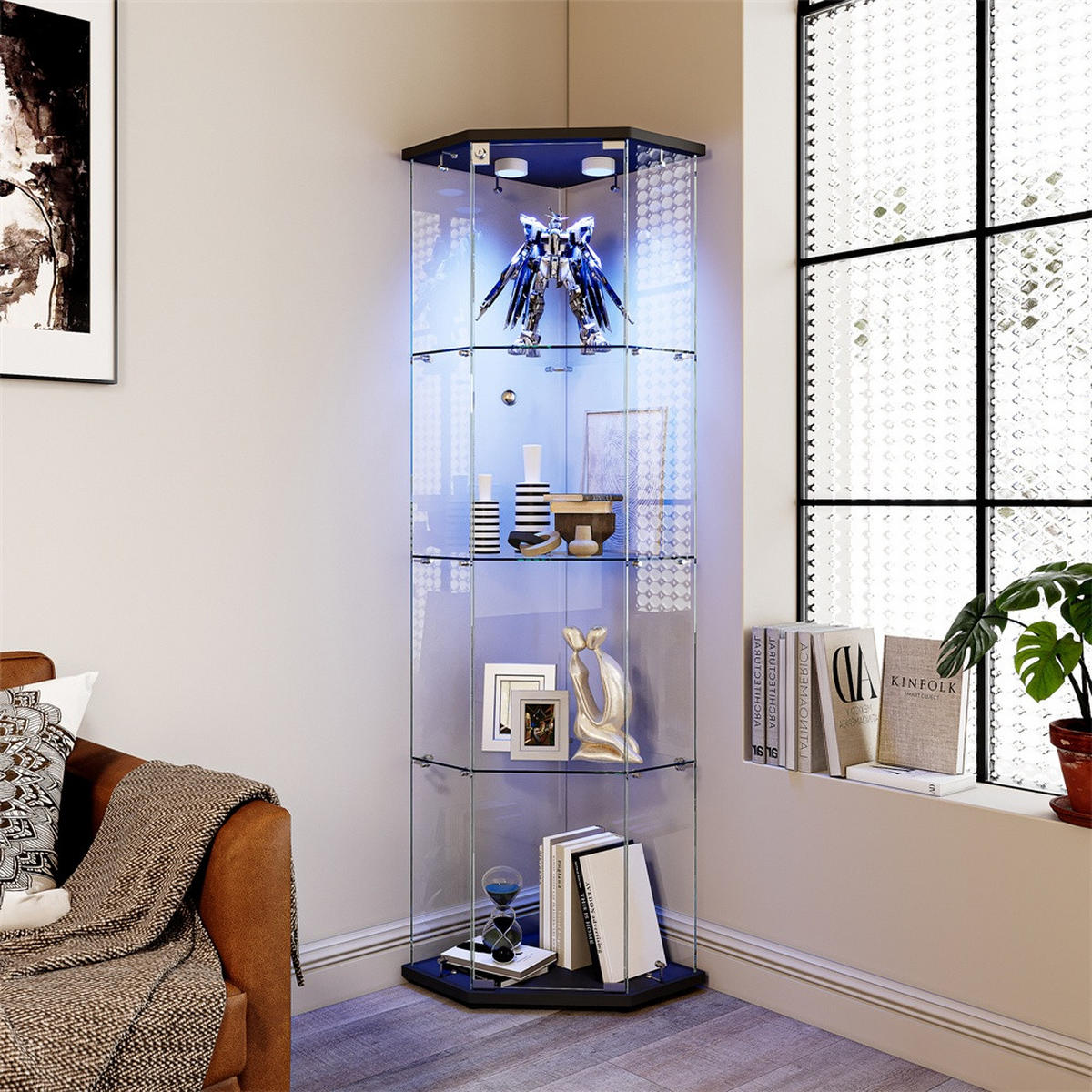 VITRINE mit LED Beleuchtung - Eckvitrine mit 4 Ebenen und 1 Tür - Glaskvitrine mit Schloss - Schwarz - Schwarz, Glas (60/162/42.5cm) - DELFA