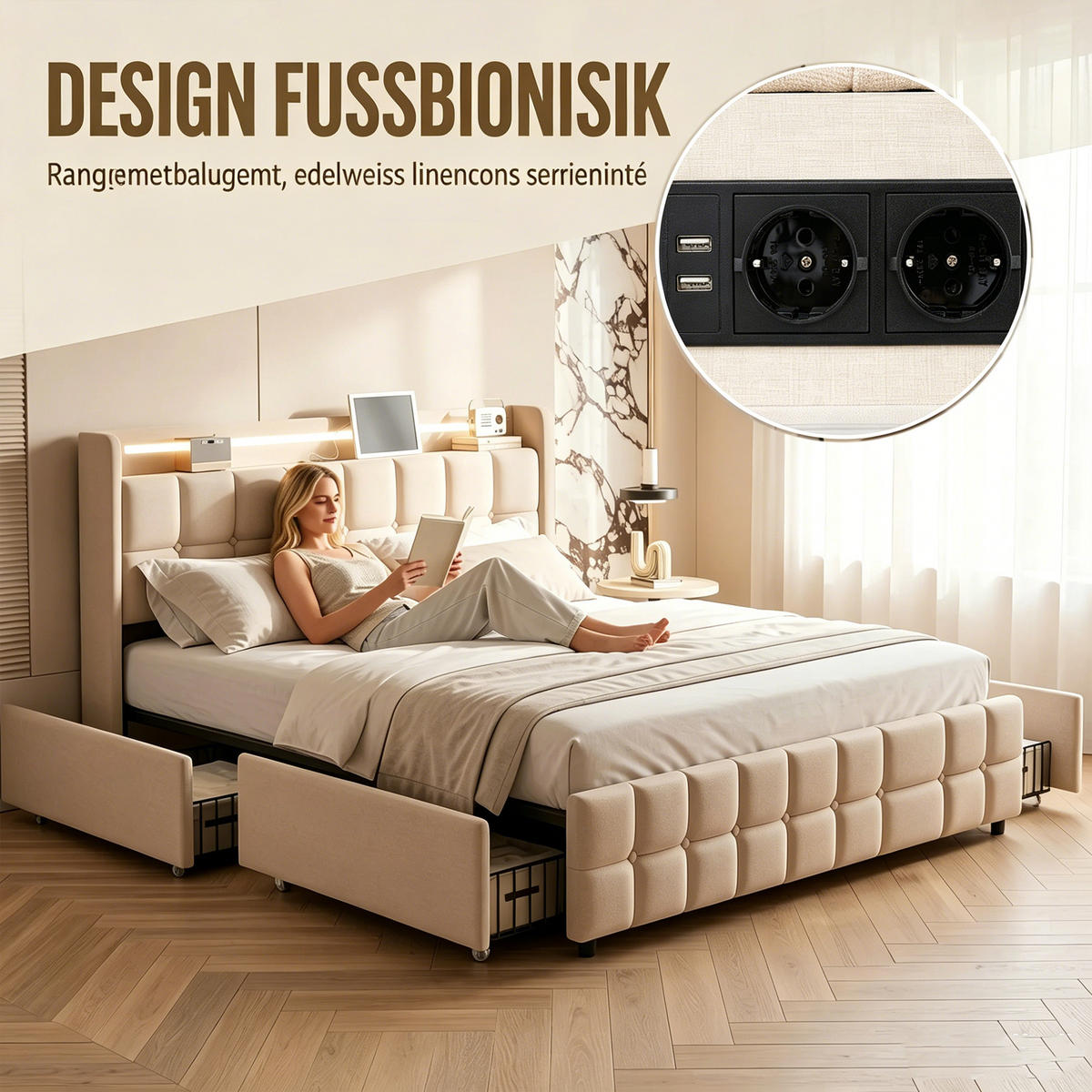 DOPPELBETT 140x200 mit stauraum, bettgestell mit LED, USB, 4 Schublade, Kopfteil, Lattenrost, Leinenstoff, beige - Beige, Textil/Metall (140/200cm) - GENKI LIVING