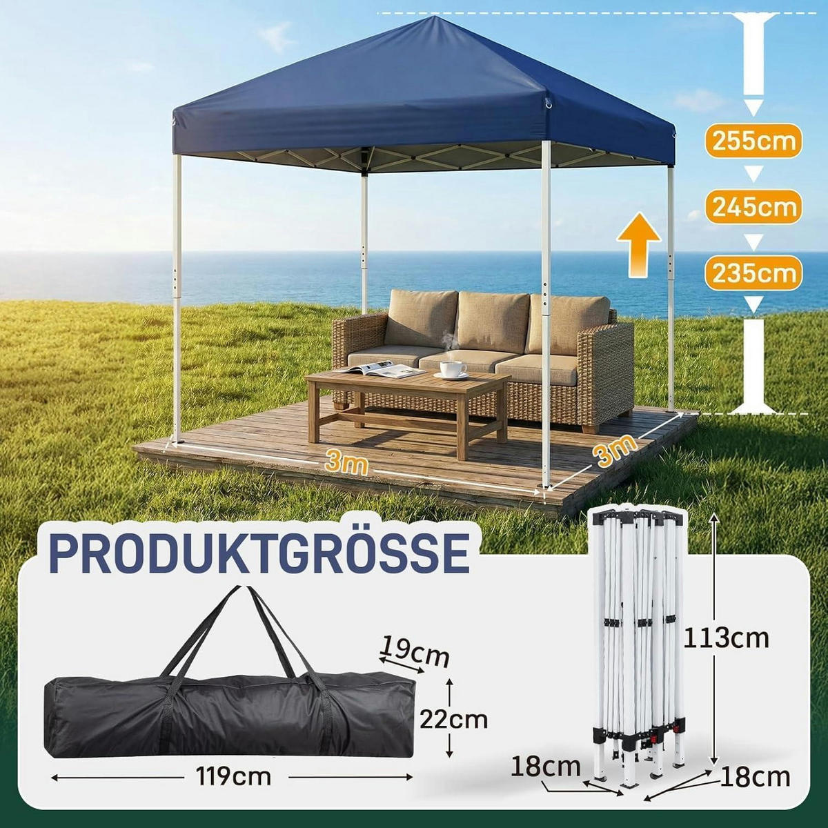 FALTPAVILLON 3x3 m mit Moskitonetzen Blau - Blau, Textil (300/245/300cm)