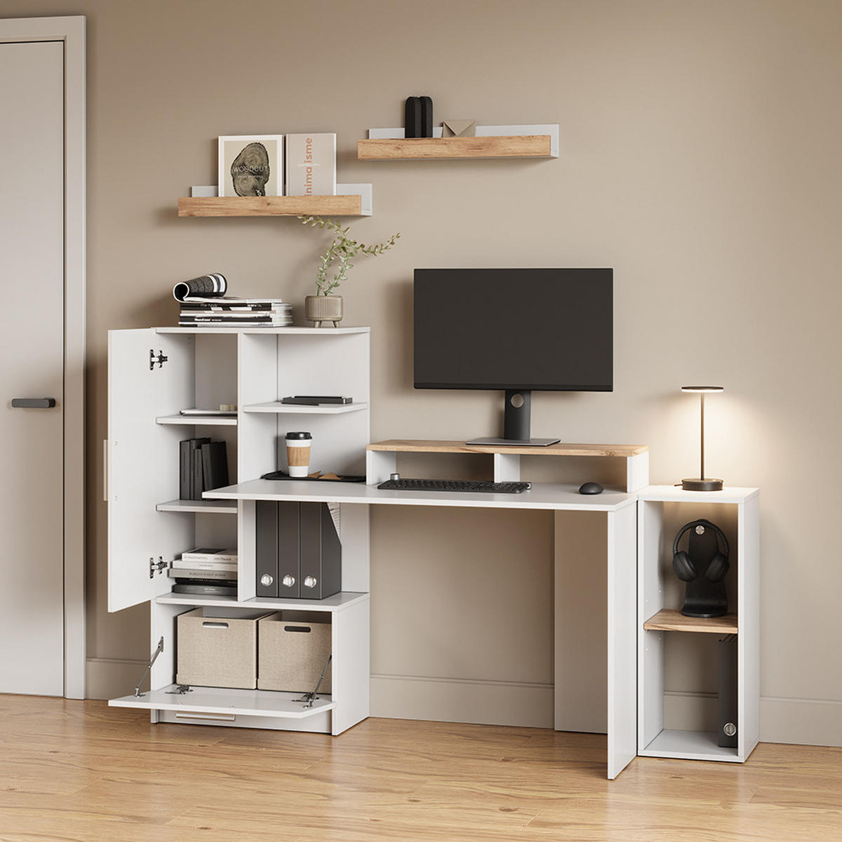 SCHREIBTISCH Lorena Weiß 150 x 120.1 cm mit 2 Türen - Weiß, Holzwerkstoff (59.3/150/120.1cm) - Livinity®