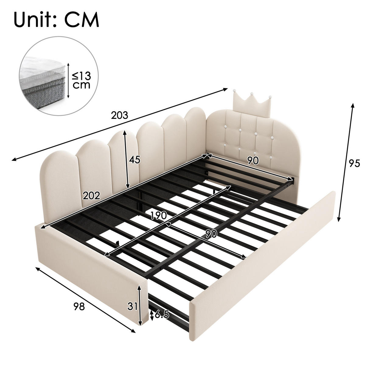 KINDERBETT Kindereinzelbetten 90/200 cm mit Ausziehbett 90/190 cm, L-Form, Samtbezug und Kronen-Gitterdesign, Beige - Beige, Textil (90/200cm) - Redom