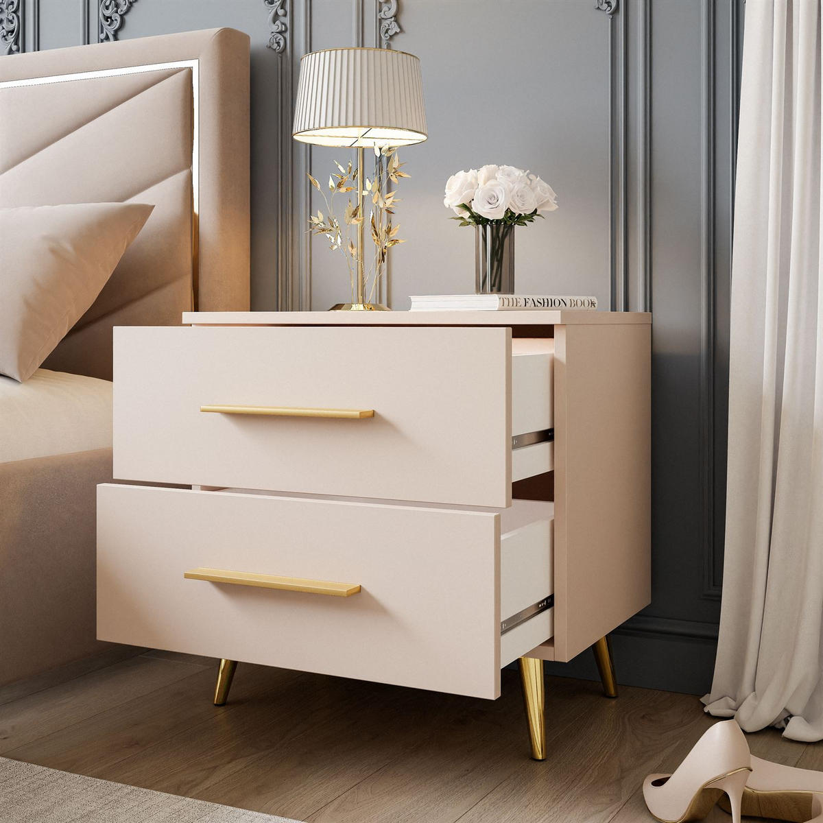 NACHTTISCH AURA KASCHMIR mit goldenen Beinen und Griffen - Kaschmir, Holzwerkstoff (55/55/37cm) - Lookway