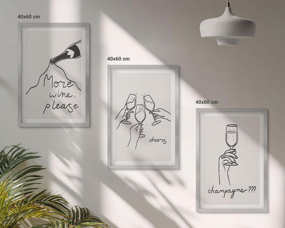 BILDER SET 3er Set - 40x60 cm Silberner Rahmen - Champagner-Wein-Linienzeichnung - Silberfarben, Kunststoff (40/60cm) - TULUP