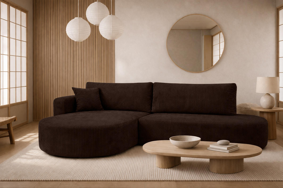 ECKSOFA Mit Schlaffunktion Und Bettkasten, Cordstoff Poso, Braun, Links, ROUND ONE OPEN XL - Braun, Holz (262/175cm) - Kaiser Möbel