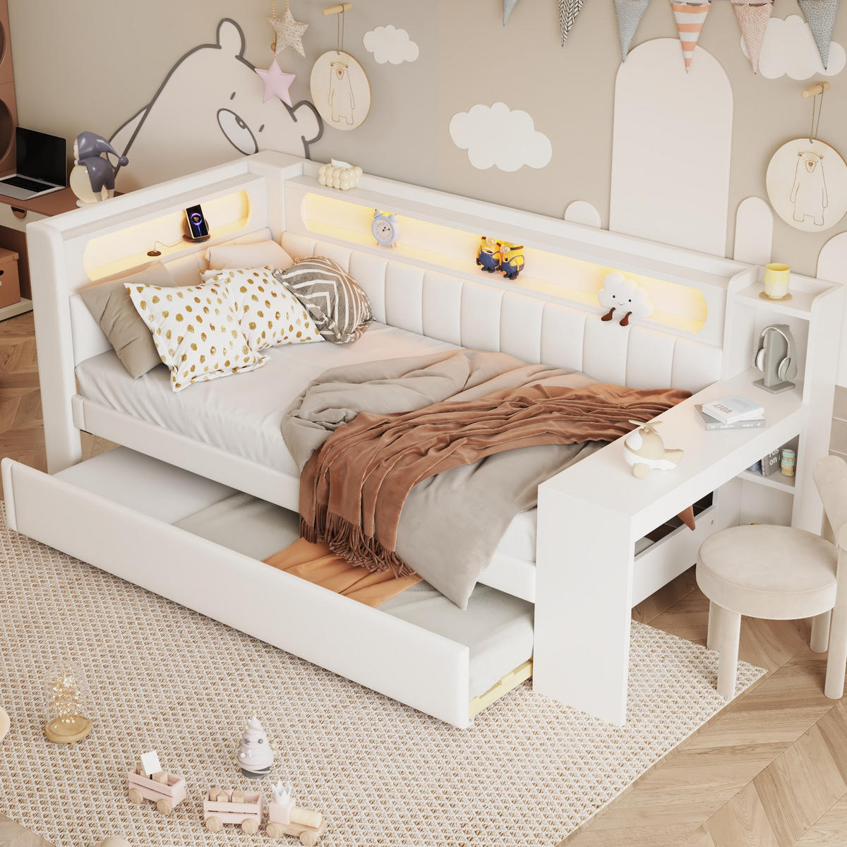 POLSTERBETT 90/200 cm Weiß mit Polsterbett, Schreibtisch und LED-Beleuchtung - Weiß, Holzwerkstoff (90/200cm) - Flora Grace
