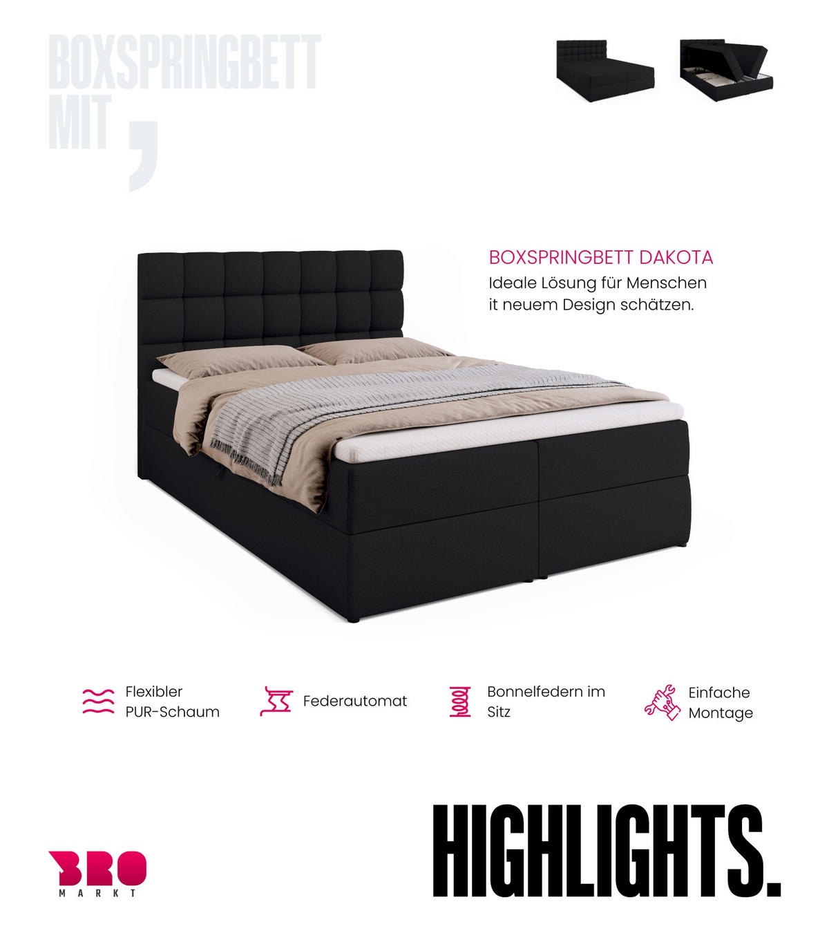 BOXBETT Dakota mit Topper 140/200 Schwarz - Schwarz, Textil (140/200cm) - Bromarkt