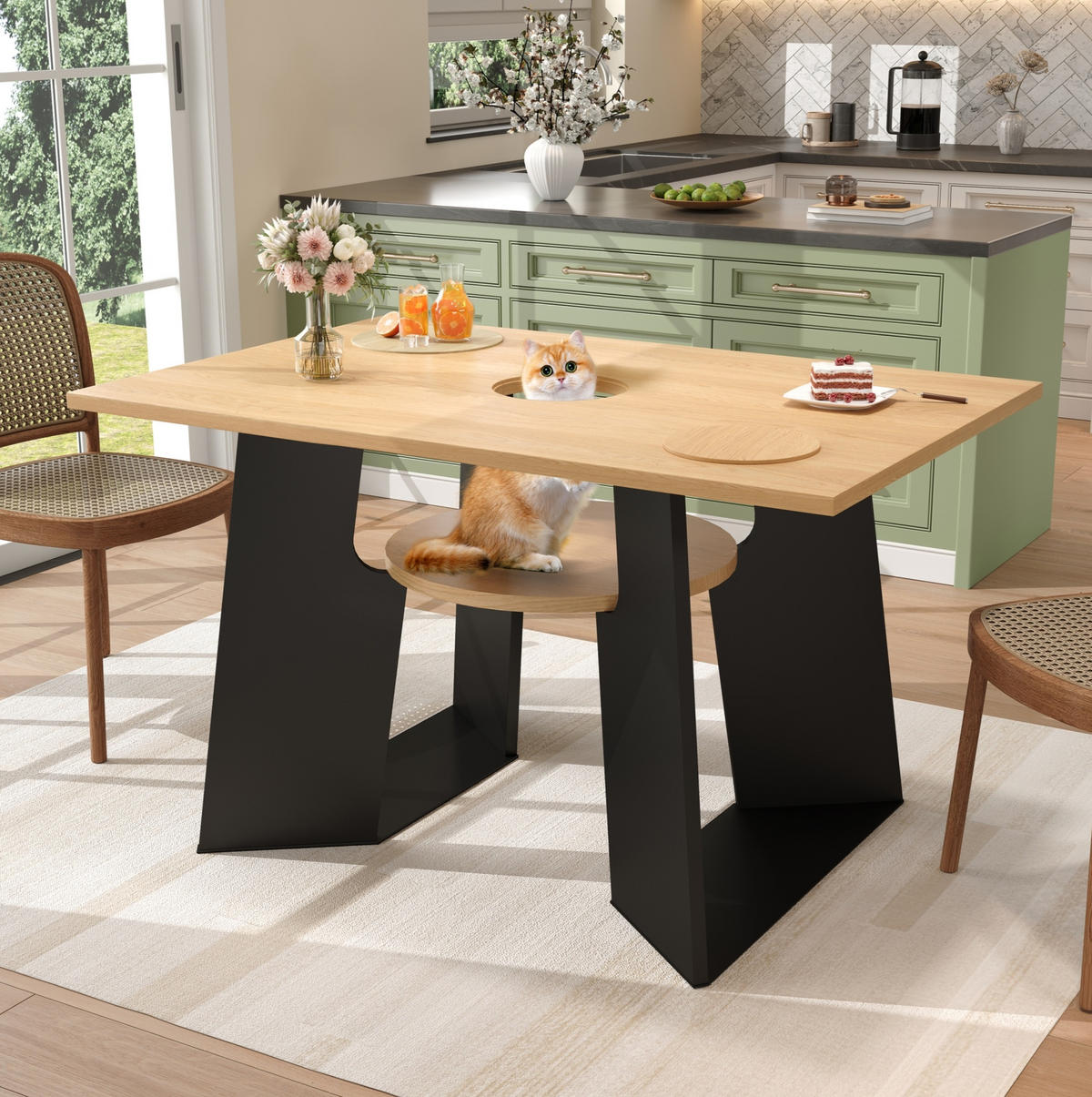 ESSTISCH 130/85/75 cm haustierfreundlich in Schwarz-Natur mit Ablagebrettchen - Schwarz, Holzwerkstoff (130/85/75cm) - OKWISH