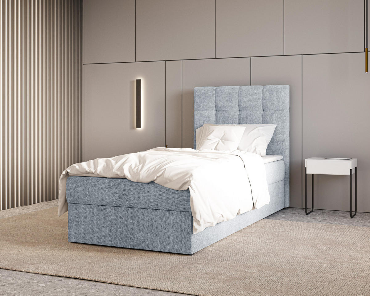 BOXBETT - Bett 05 OSLO - Aragon - 90x200 cm - mit Bettkasten und Komfort-Topper - Blau, Holz (90/200cm) - ROYAL24_MARKT