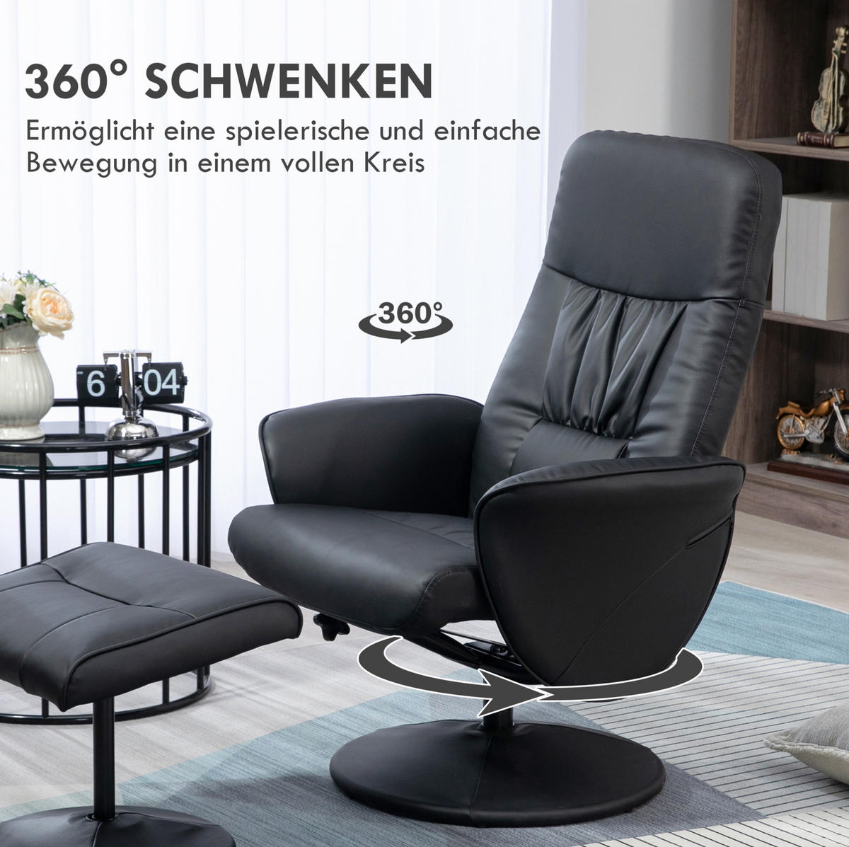 RELAXSESSEL 76/81/101 cm in Schwarz mit Hocker und Liegefunktion - Schwarz, Metall (81/101/76cm) - Flora Grace