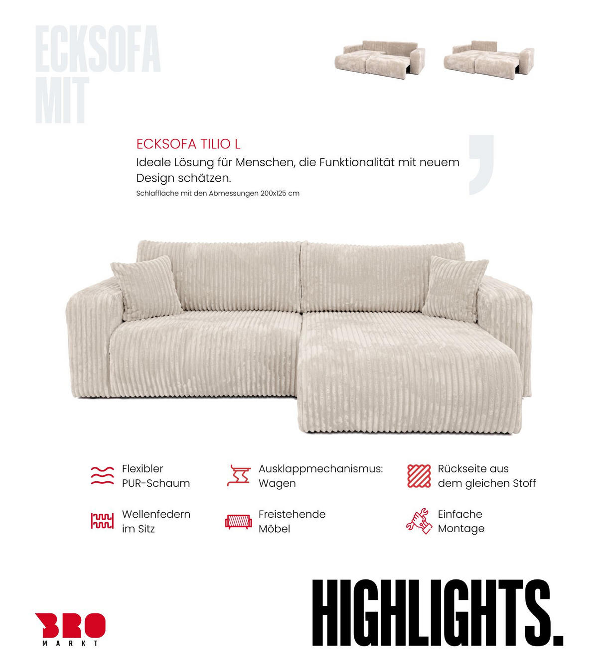 ECKSOFA mit Schlaffunktion TILIO Cream - Creme, Textil (244/148cm) - Bromarkt