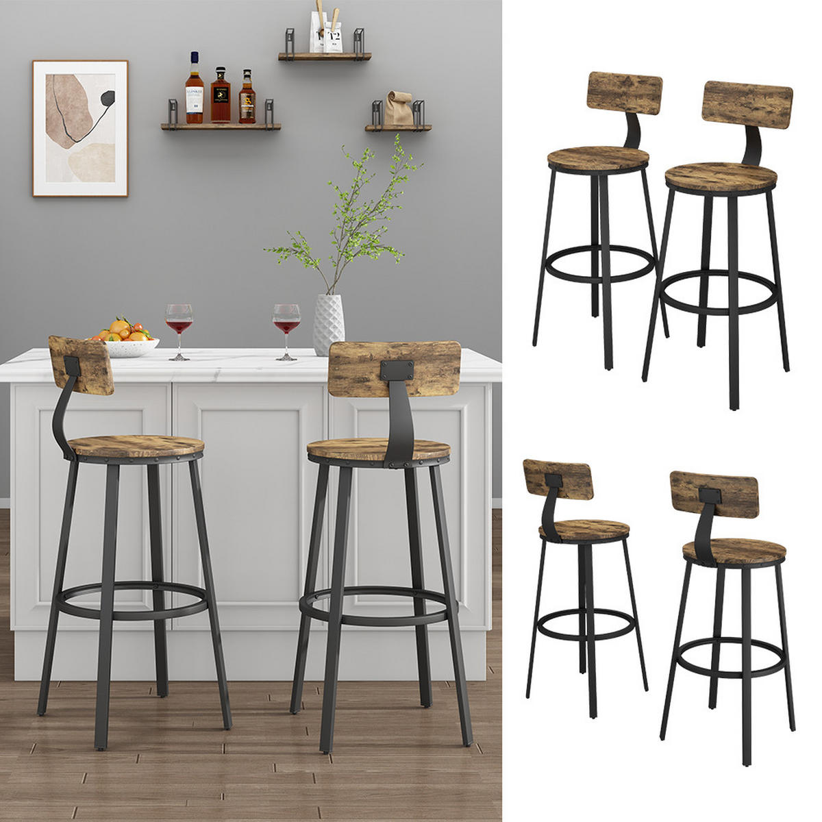 BARHOCKER Caracas Eiche rustikal 34 x 102 cm 2er Set - Wildeiche/Schwarz, Holzwerkstoff (34/102/55cm) - Vicco