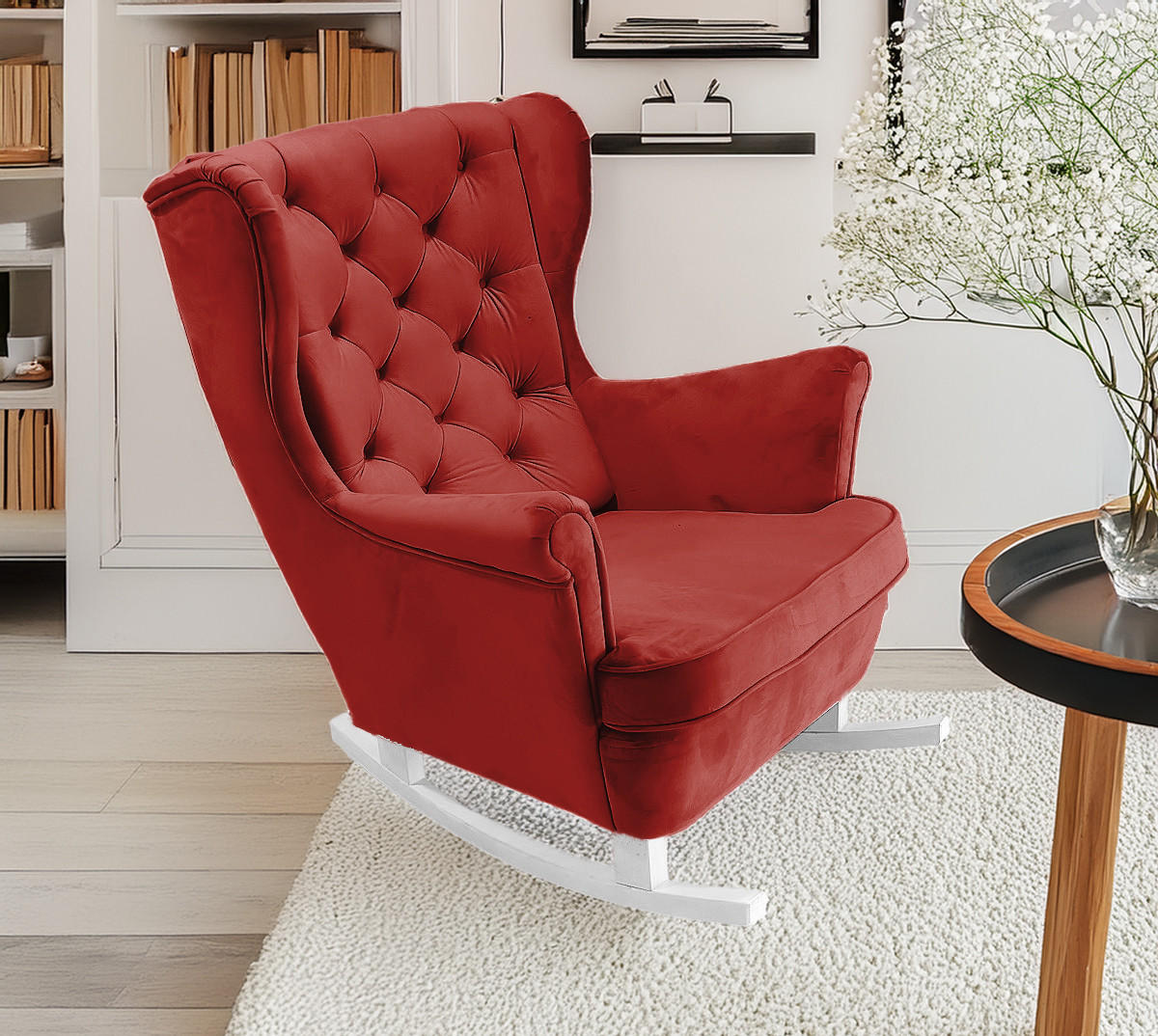SCHAUKELSESSEL mit gepolstertem Sitz und Armlehnen, 102x81x95 cm, Burgunderrot_29834 - Weiß/Dunkelrot, Holz/Textil (81/102/95cm) - DomoHome