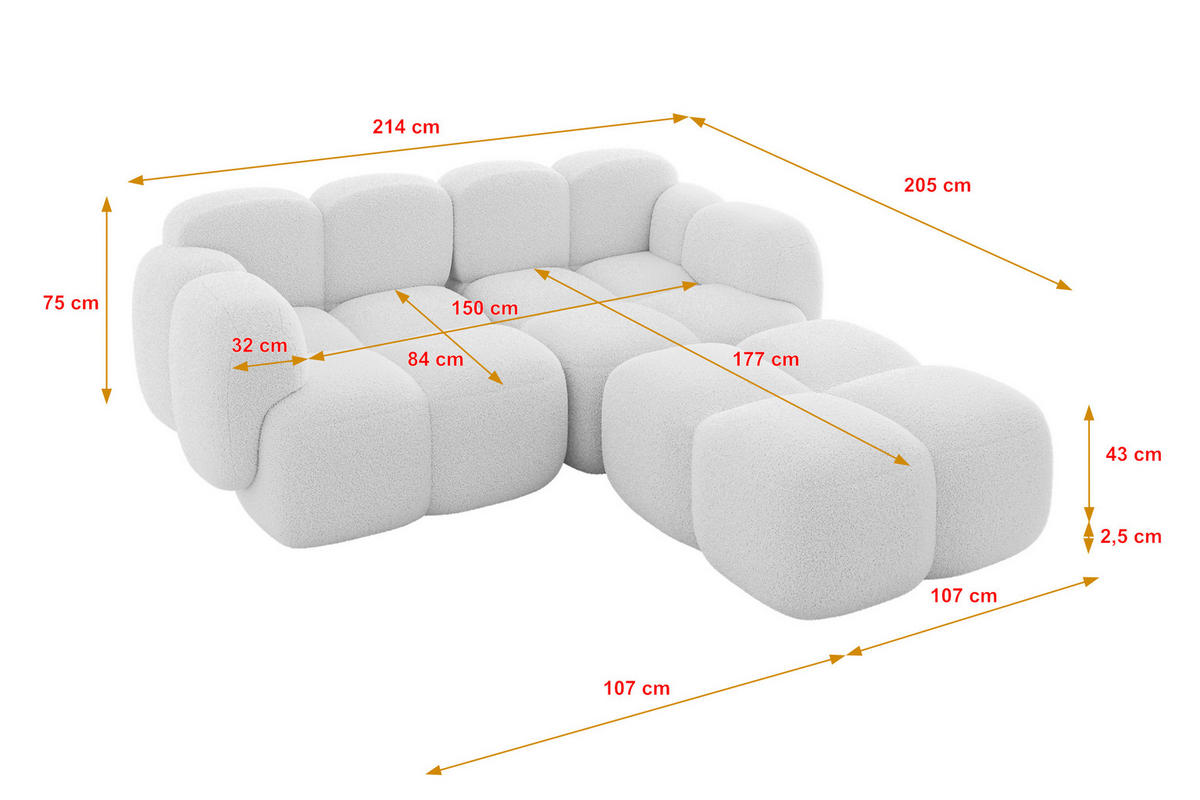 ECKSOFA modulares Sofa Rechts Miko-L1 214x205x75 Weiß Bouclé - Schwarz/Weiß, Holzwerkstoff/Kunststoff (214/205cm) - ALTDECOR